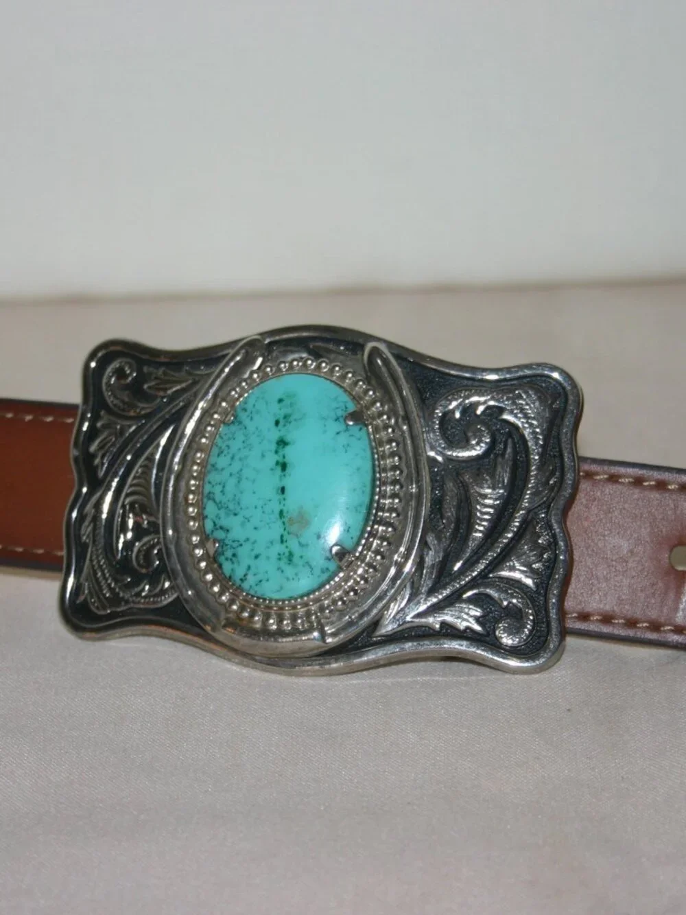 Silver Tone Men's Metal Belt Buckle with Turquoise Center B-330